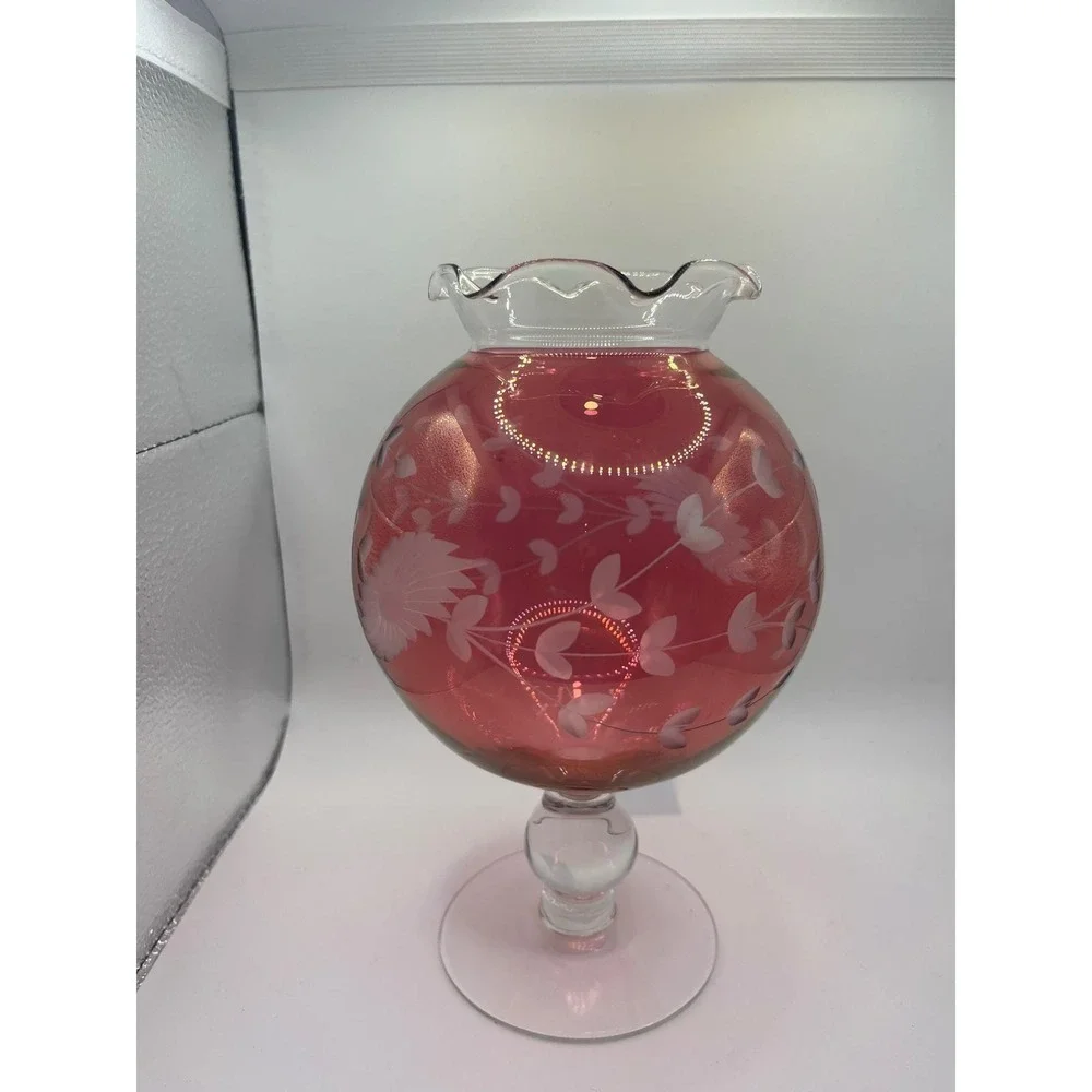 Vintage Cranberry‎ Etched Candleholder Ruffled Top